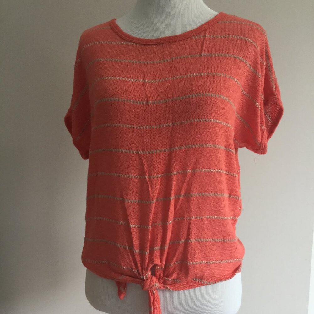 EDGE orange lightweight knit top, tan/gold stripe, size S, Like New